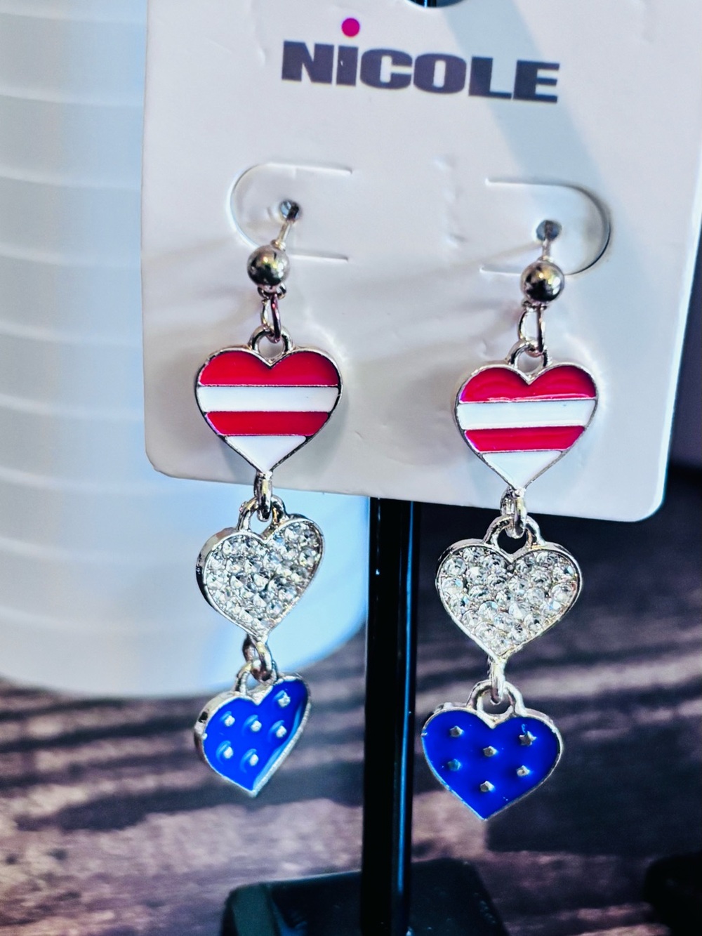 Nicole Red, White & Blue Triple‎ Heart Drop Earrings in Silver Tone
